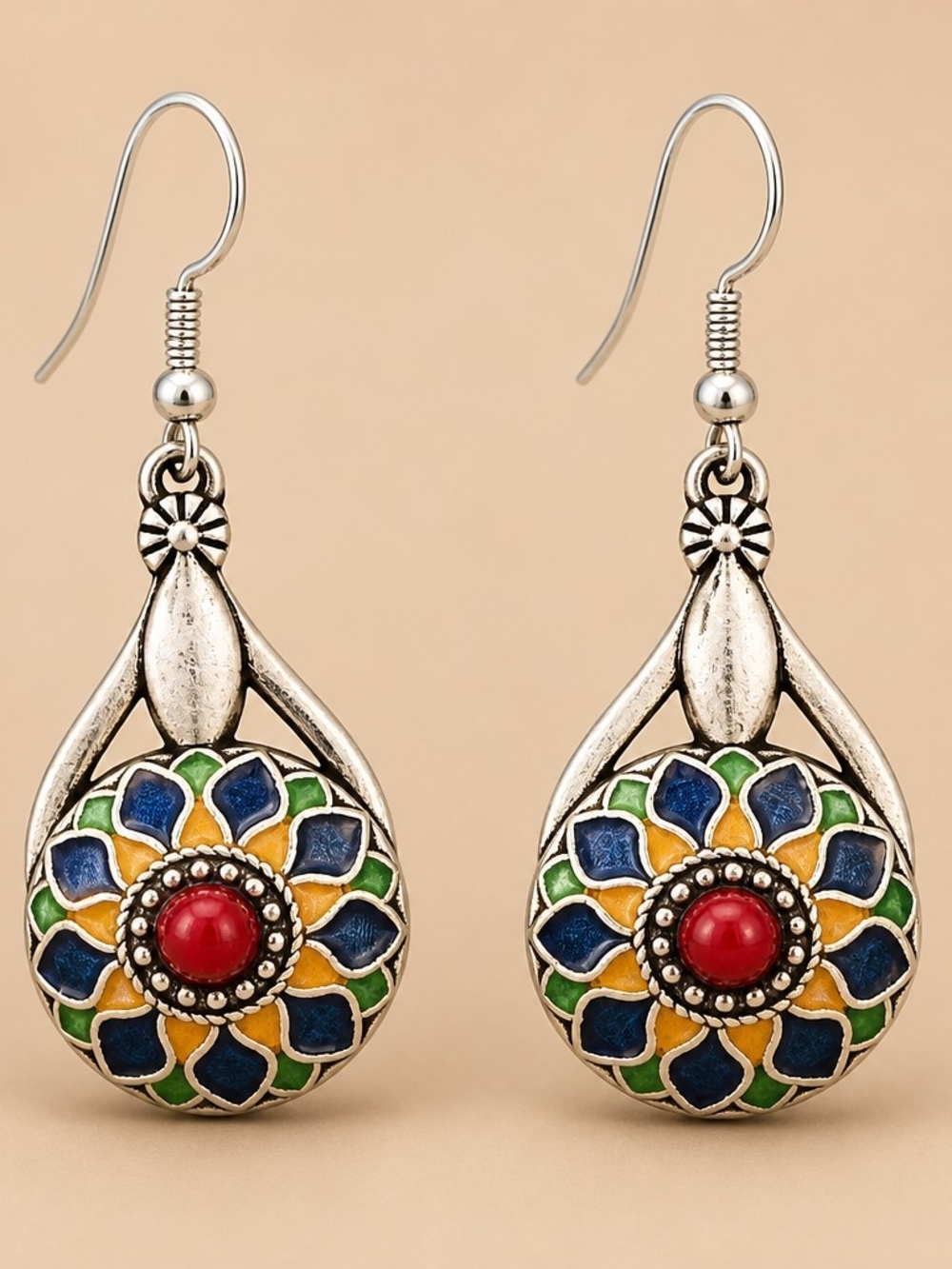 Boho Kabyle Teardrop Multicolor Enamel Drop Earrings - Red Center